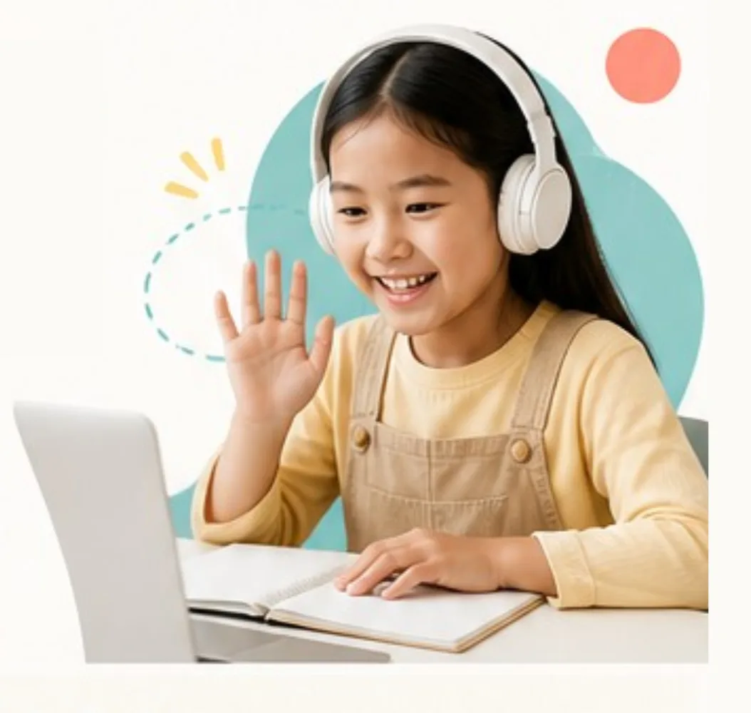 Child learning English online from behind, headphones on, warm home setting