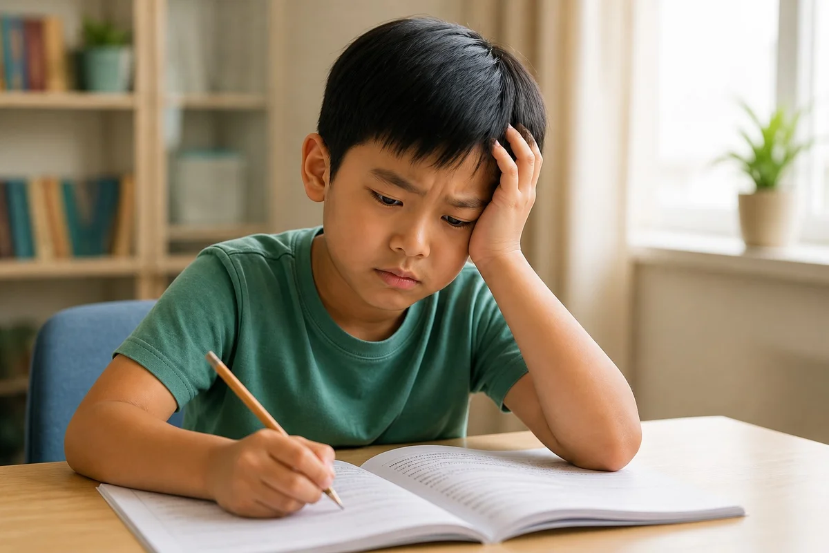 Child working with head down, no face visible
