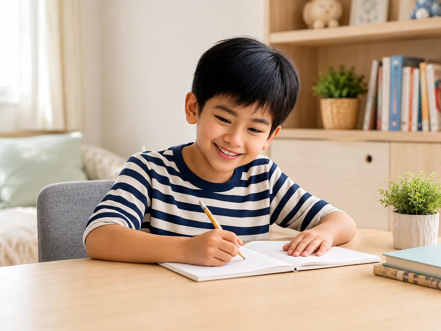 A child smiling while writing in a notebook